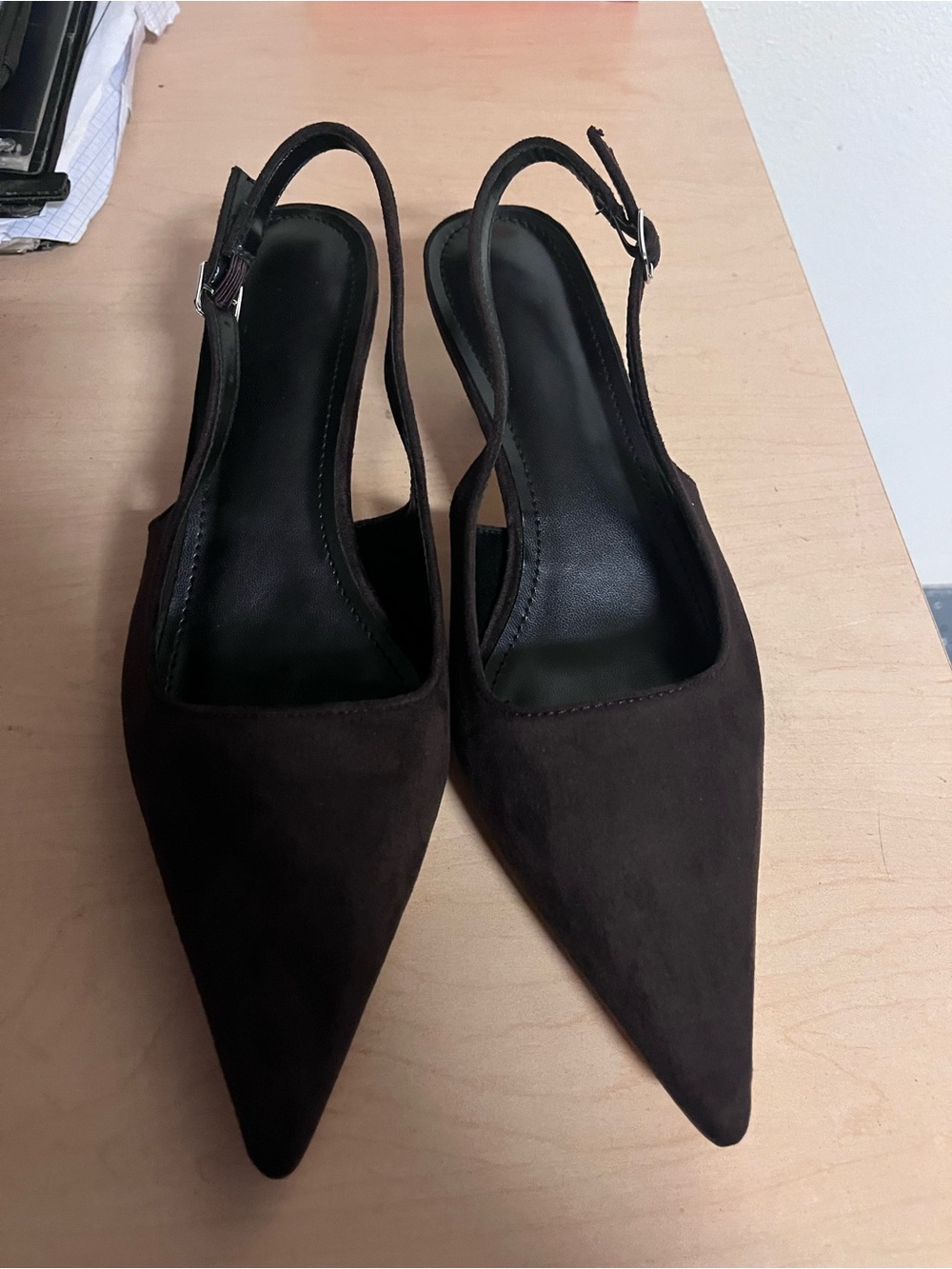 Women's Pointed Slingback Heels in suede Dark Brown kitten heel career chocolate - Picture 2 of 4